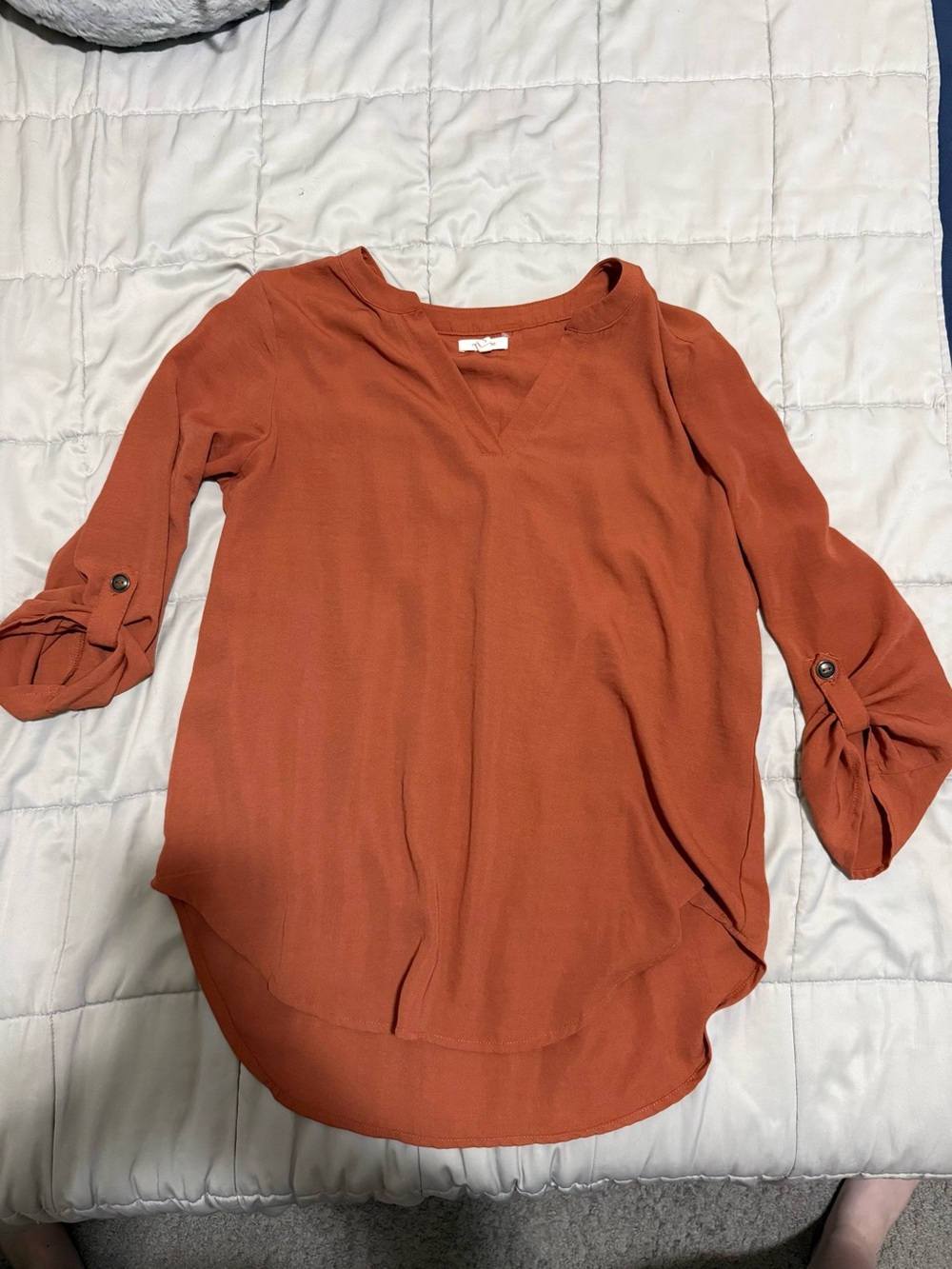 Maurices Rust Orange V-Neck Roll-Tab Blouse
